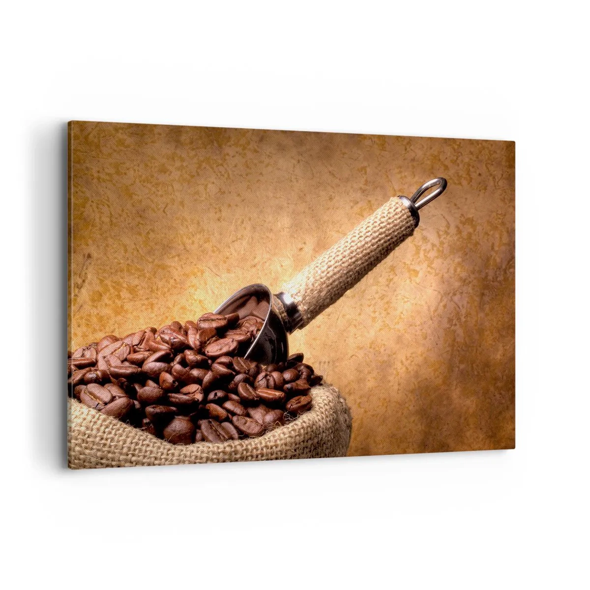 Impression sur toile - Image sur toile - Grains de café dans un sac en jute avec une cuillère en métal - 120x80cm - A la source de la saveur - Décoration murale moderne pour le salon et la chambre ARTTOR