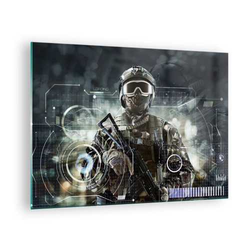 Impression sur verre - Image sur verre - Un soldat en équipement tactique sur fond d'interface futuriste. - 70x50cm - Puissance sans limite - Décoration murale moderne pour le salon et la chambre ARTTOR