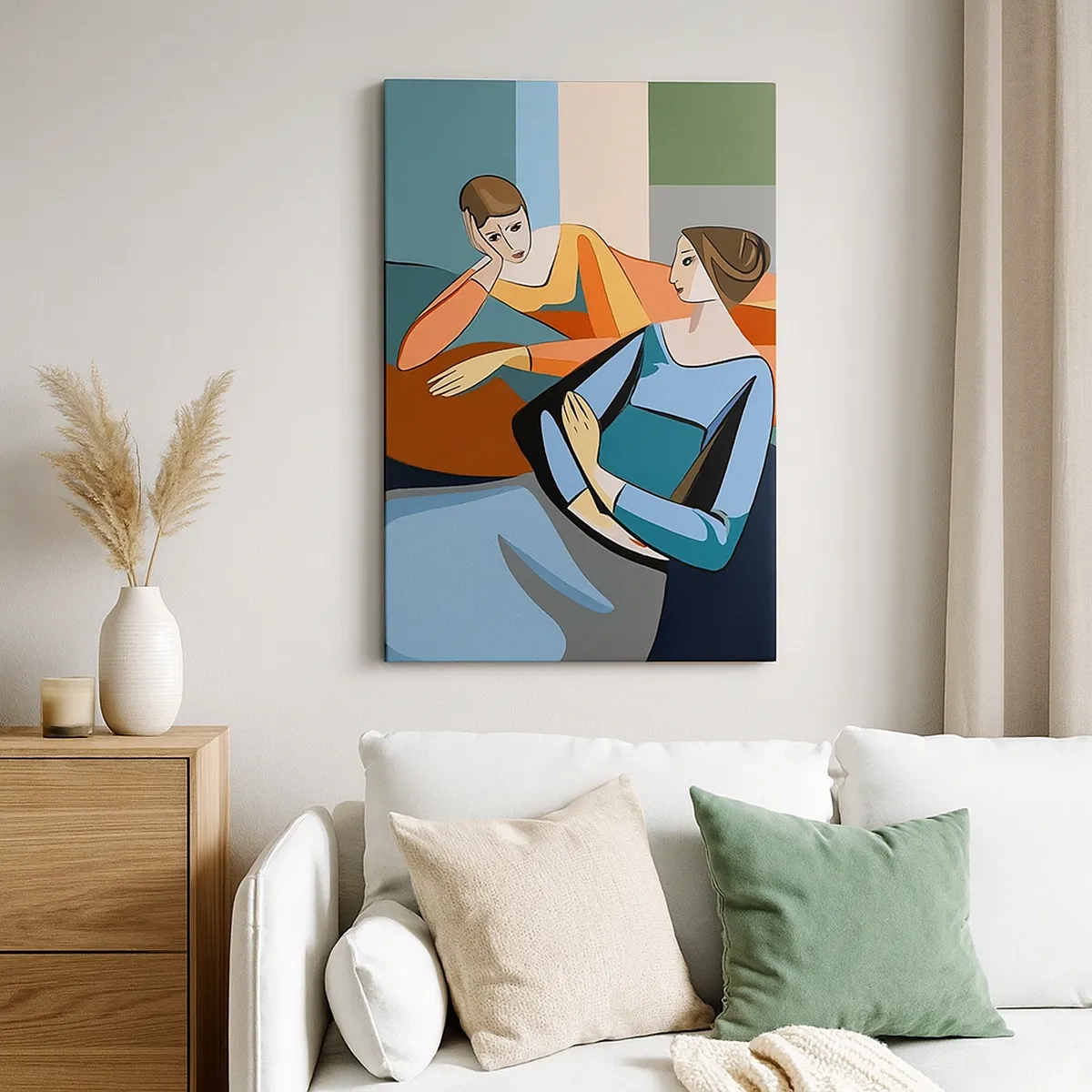 Impression sur toile - Image sur toile - Illustration abstraite de deux femmes dans le style cubiste - 50x70cm - Un moment de confiance - Décoration murale moderne pour le salon et la chambre ARTTOR