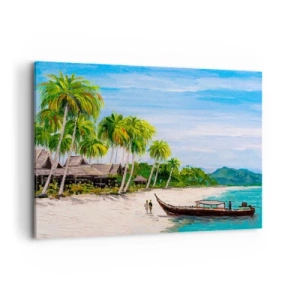 Impression sur toile - Image sur toile - Une plage exotique avec des palmiers et un bateau sur le rivage - 100x70cm - Rêve exotique - Décoration murale moderne pour le salon et la chambre ARTTOR