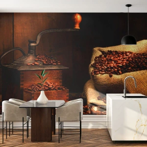 Papier Peint Autocollant Deluxe Sticker - Nature morte avec grains de café et moulin - La gastronomie, Café, Moulin à café - 100x70 cm