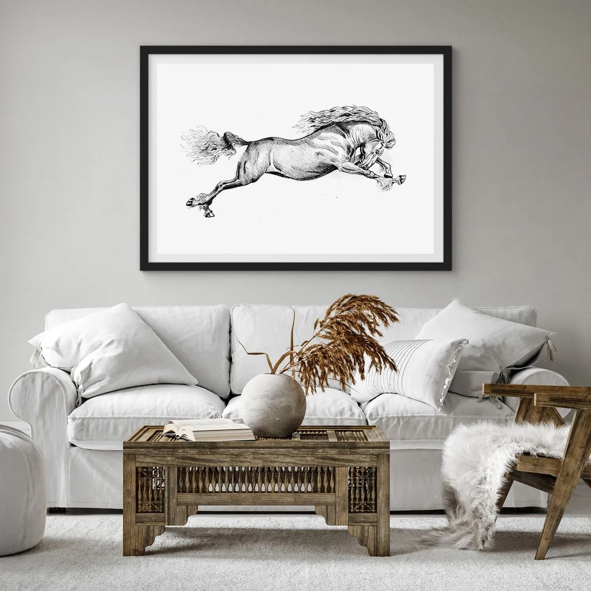 Affiche dans un cadre noir - Poster - Croquis d'un cheval au galop dynamique sur fond blanc - 70x50cm - Immortalisé au galop - Décoration murale moderne pour le salon et la chambre ARTTOR