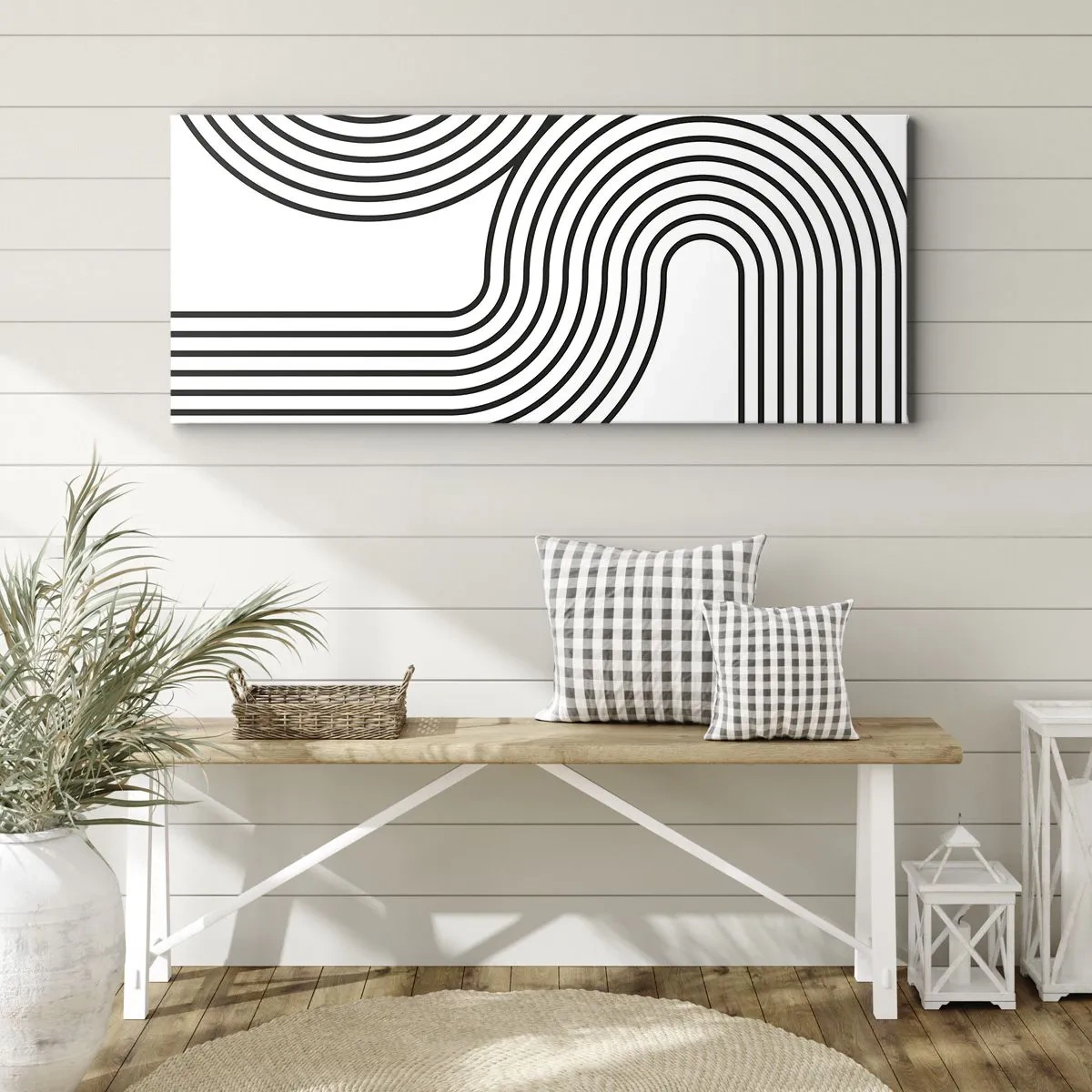 Impression sur toile - Image sur toile - Une peinture abstraite avec des lignes noires créant des motifs géométriques sur un fond blanc. - 140x50cm - En plein virage - Décoration murale moderne pour le salon et la chambre ARTTOR