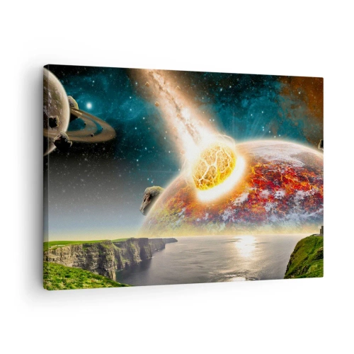 Impression sur toile - Image sur toile - Une météorite entre en collision avec une planète dans un paysage cosmique. - 70x50cm - Drame spatial - Décoration murale moderne pour le salon et la chambre ARTTOR