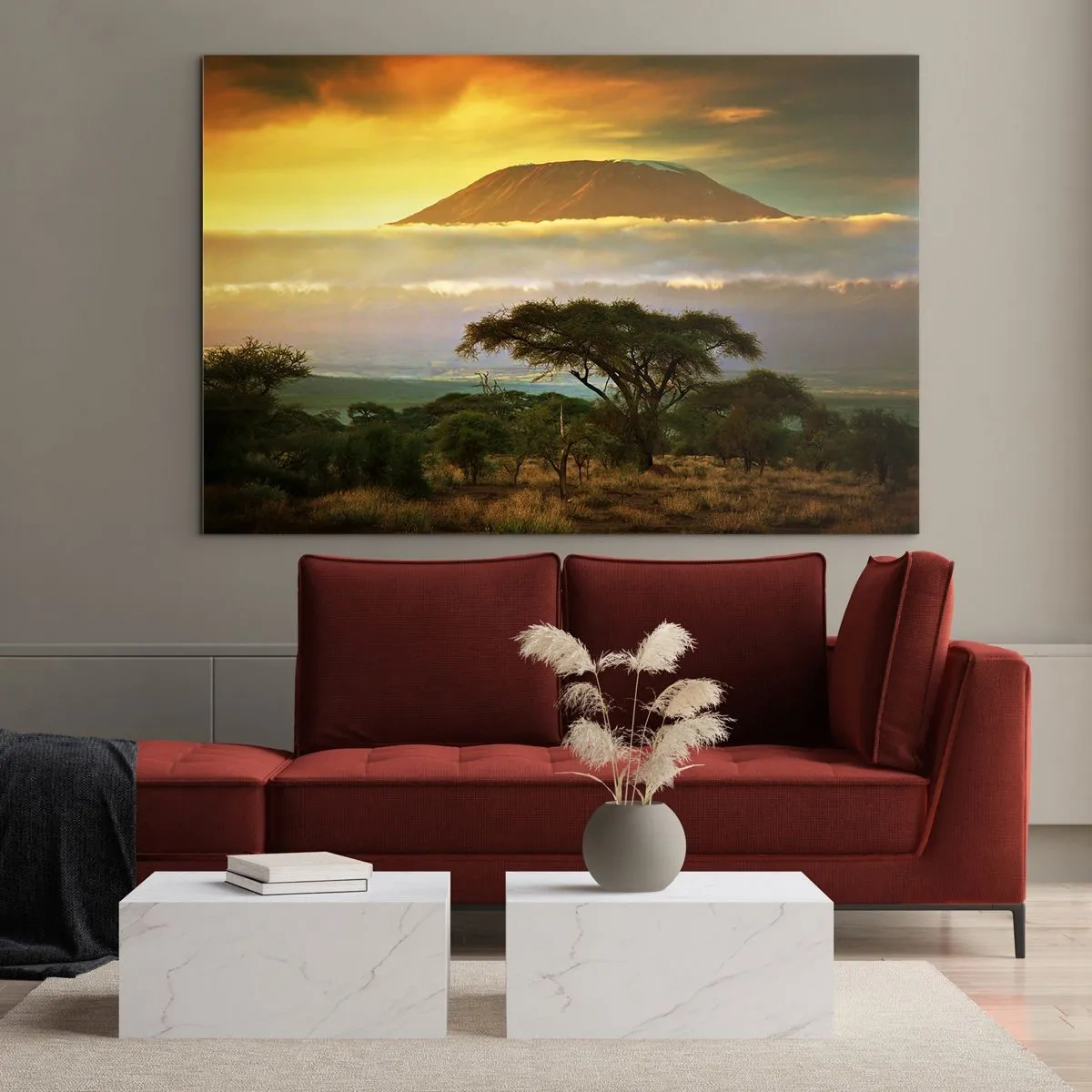 Impression sur verre - Image sur verre - Le mont Kilimandjaro entouré de nuages sur fond de savane africaine - 120x80cm - Un rêve de voyageur - Décoration murale moderne pour le salon et la chambre ARTTOR