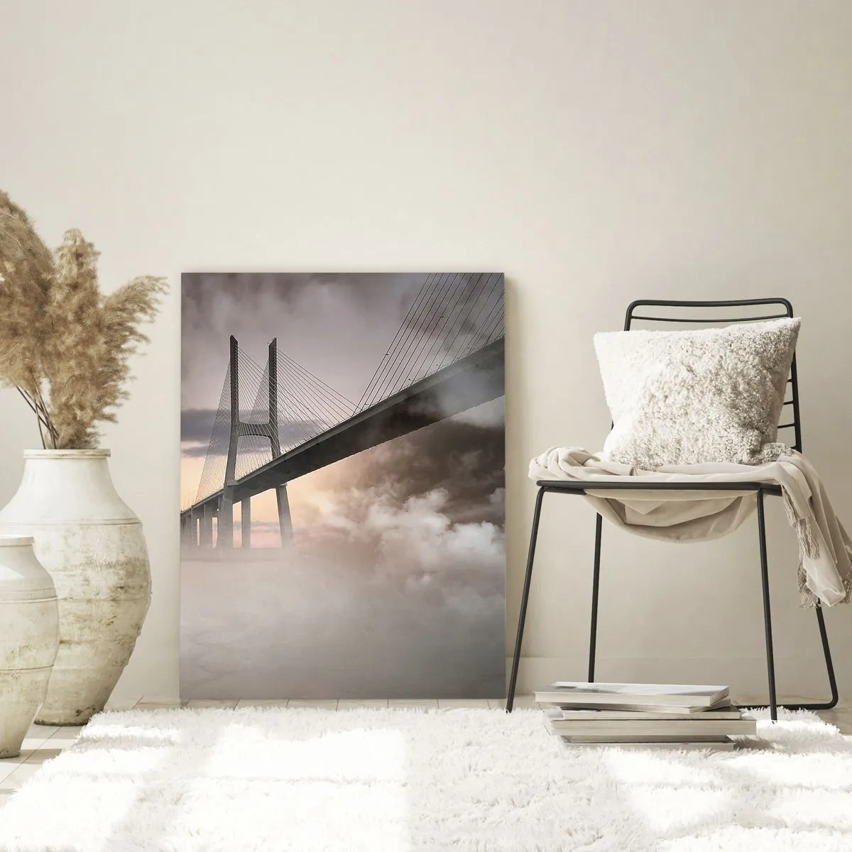 Impression sur verre - Image sur verre - Un pont sur une rivière entouré de brouillard le matin - 70x100cm - Sur la rivière qui n'existe pas - Décoration murale moderne pour le salon et la chambre ARTTOR