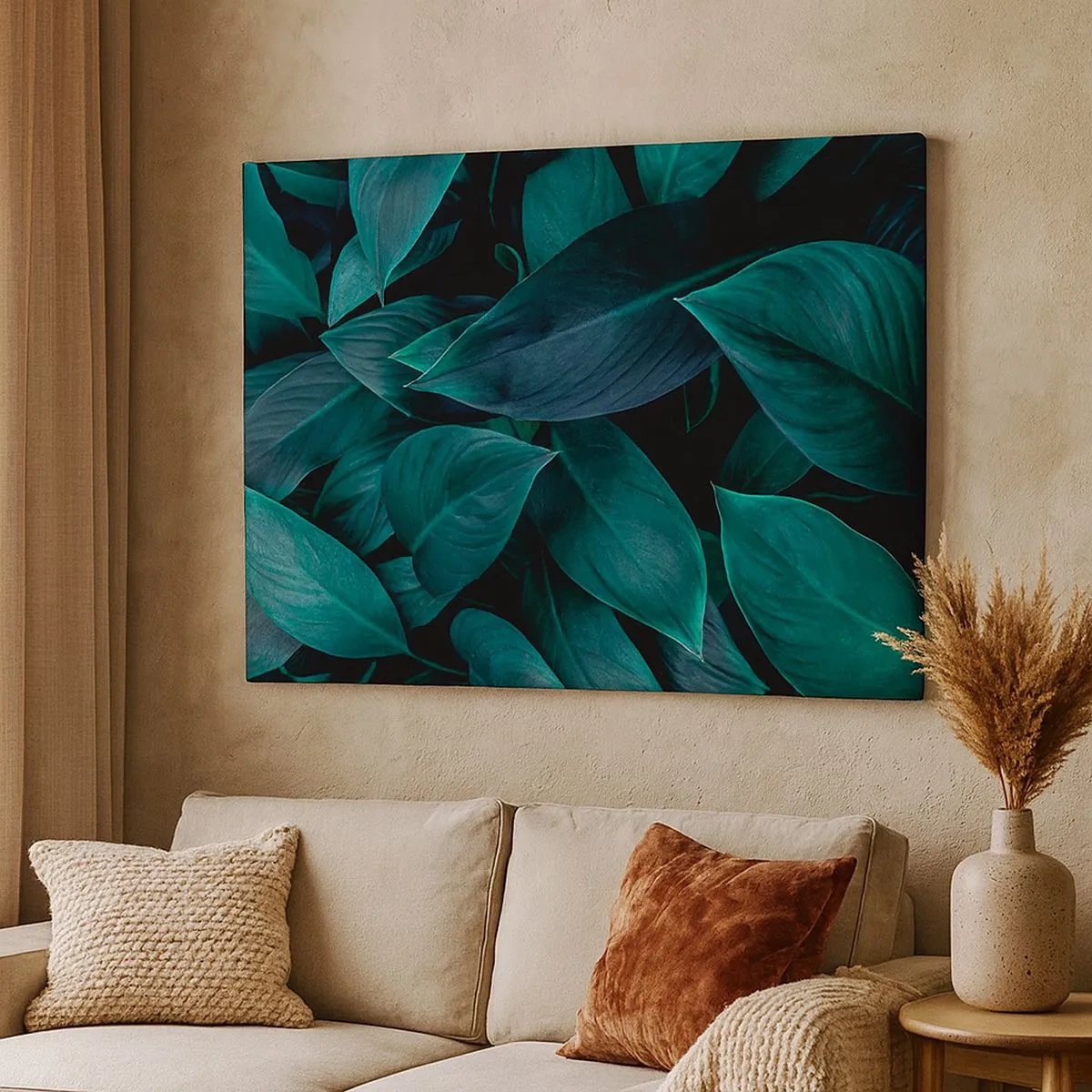 Impression sur toile - Image sur toile - Gros plan de feuilles vertes sur fond sombre - 70x50cm - le vert lui-même - Décoration murale moderne pour le salon et la chambre ARTTOR