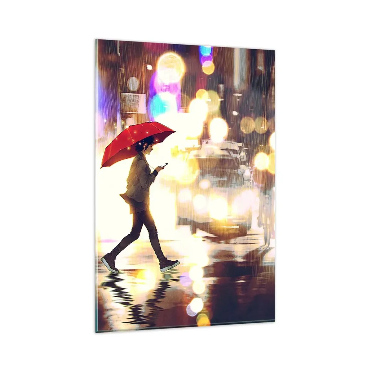 Impression sur verre - Image sur verre - Une silhouette avec un parapluie rouge dans la rue sous la pluie - 80x120cm - Et pourtant ensoleillé - Décoration murale moderne pour le salon et la chambre ARTTOR