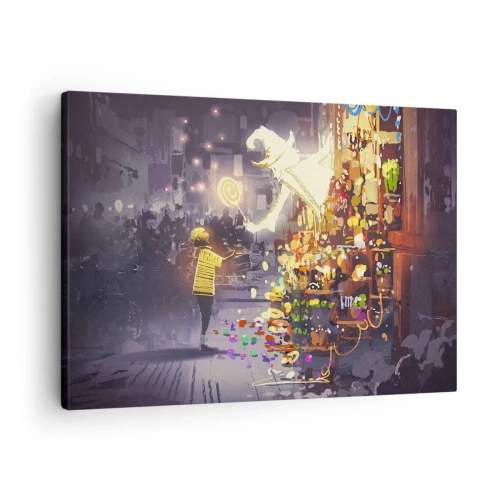 Impression sur toile - Image sur toile - Un personnage de conte de fées et un enfant dans une rue pleine de lumières et de magie - 70x50cm - La magie existe - Décoration murale moderne pour le salon et la chambre ARTTOR