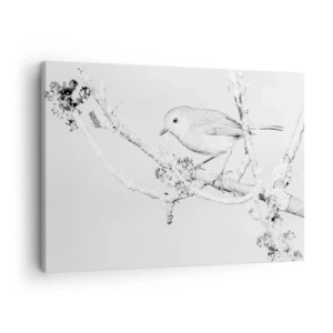 Impression sur toile - Image sur toile - Oiseau sur une branche en noir et blanc avec un style minimaliste - 70x50cm - Matin d'hiver - Décoration murale moderne pour le salon et la chambre ARTTOR