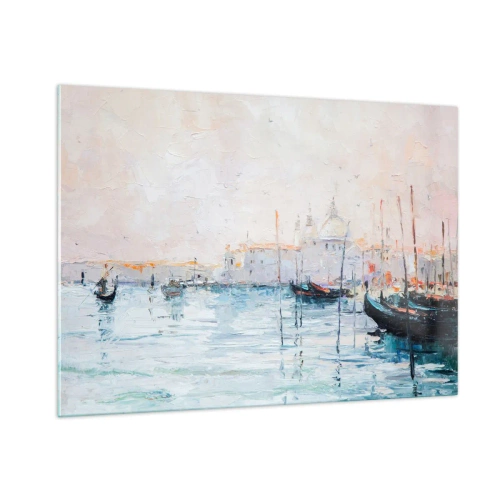 Impression sur verre - Image sur verre - Paysage impressionniste avec bateaux et bâtiments - 100x70cm - Derrière l'eau, derrière le brouillard - Décoration murale moderne pour le salon et la chambre ARTTOR