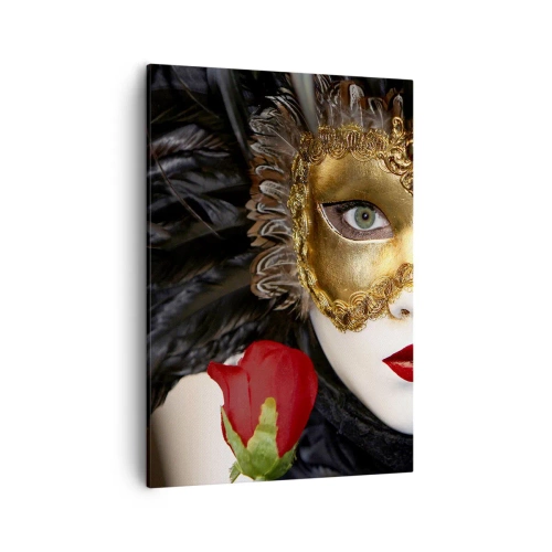 Impression sur toile - Image sur toile - Masque vénitien doré avec plumes et rose rouge, motif mystérieux. - 50x70cm - Parce que la vie est un grand bal - Décoration murale moderne pour le salon et la chambre ARTTOR