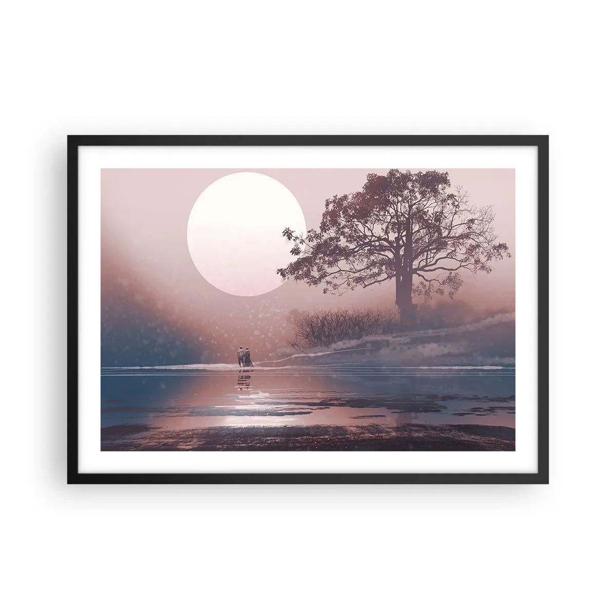 Affiche dans un cadre noir - Poster - Scène romantique avec la lune et un arbre au bord de l'eau - 70x50cm - Merveilles de la nuit - Décoration murale moderne pour le salon et la chambre ARTTOR