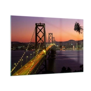 Impression sur verre - Image sur verre - Le pont la nuit dans la ville et la lumière du coucher du soleil - 100x70cm - Soirée violette - Décoration murale moderne pour le salon et la chambre ARTTOR