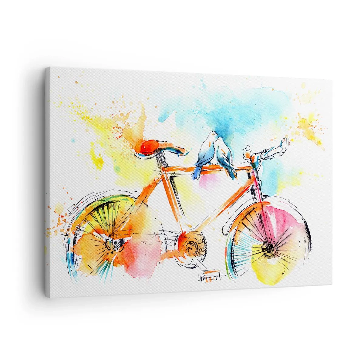 Impression sur toile - Image sur toile - Aquarelle colorée d'un vélo avec des oiseaux assis dessus - 70x50cm - À deux en vélo - Décoration murale moderne pour le salon et la chambre ARTTOR