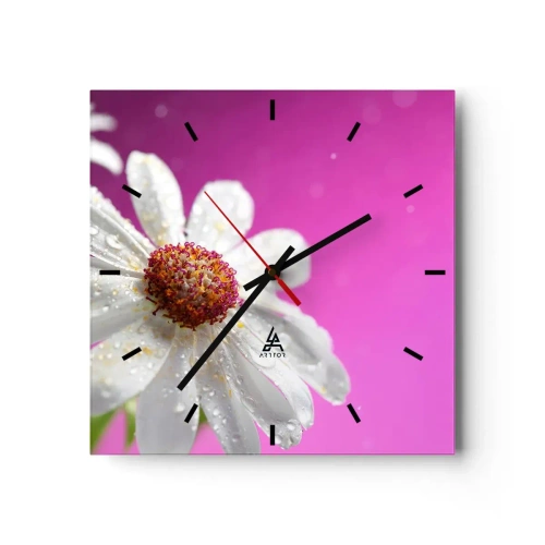 Horloge murale - Pendule murale - Une marguerite blanche recouverte de gouttes d'eau sur un fond rose - 30x30cm - Modeste dans sa beauté - Décoration murale moderne pour le salon et la chambre ARTTOR