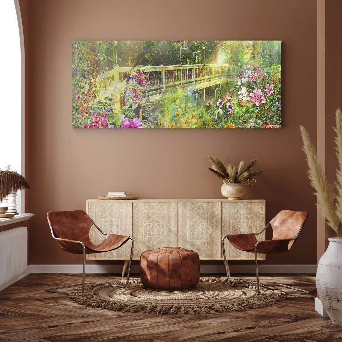 Impression sur toile - Image sur toile - Un pont entouré d'une végétation luxuriante et de fleurs - 120x50cm - Le soupire d'un pont de printemps - Décoration murale moderne pour le salon et la chambre ARTTOR