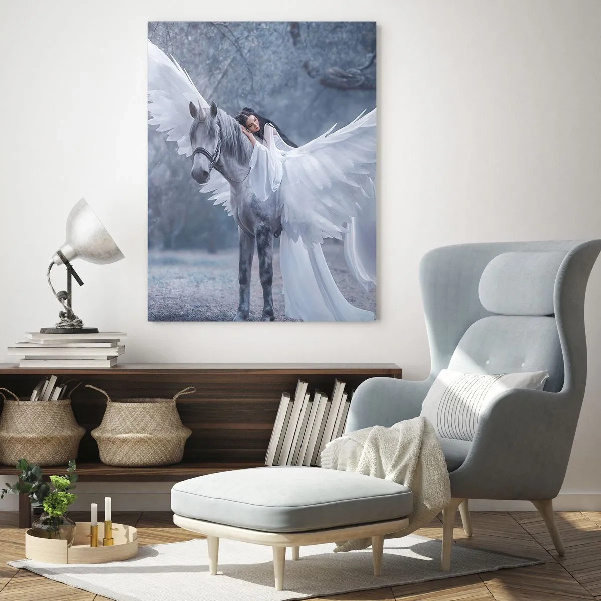 Impression sur verre - Image sur verre - Une femme sur un cheval blanc avec des ailes dans une forêt magique - 80x120cm - Un moment inspiré - Décoration murale moderne pour le salon et la chambre ARTTOR
