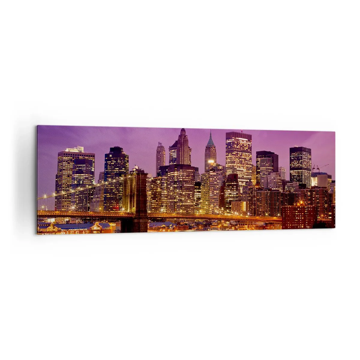 Impression sur toile - Image sur toile - Panorama de la ville avec le pont dans la lumière du soir contre le ciel violet - 160x50cm - Manhathann or violet - Décoration murale moderne pour le salon et la chambre ARTTOR