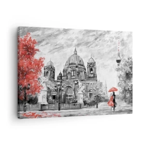 Impression sur toile - Image sur toile - Scène en noir et blanc avec Berlin, un parapluie rouge et un arbre - 70x50cm - Rencontre berlinoise - Décoration murale moderne pour le salon et la chambre ARTTOR