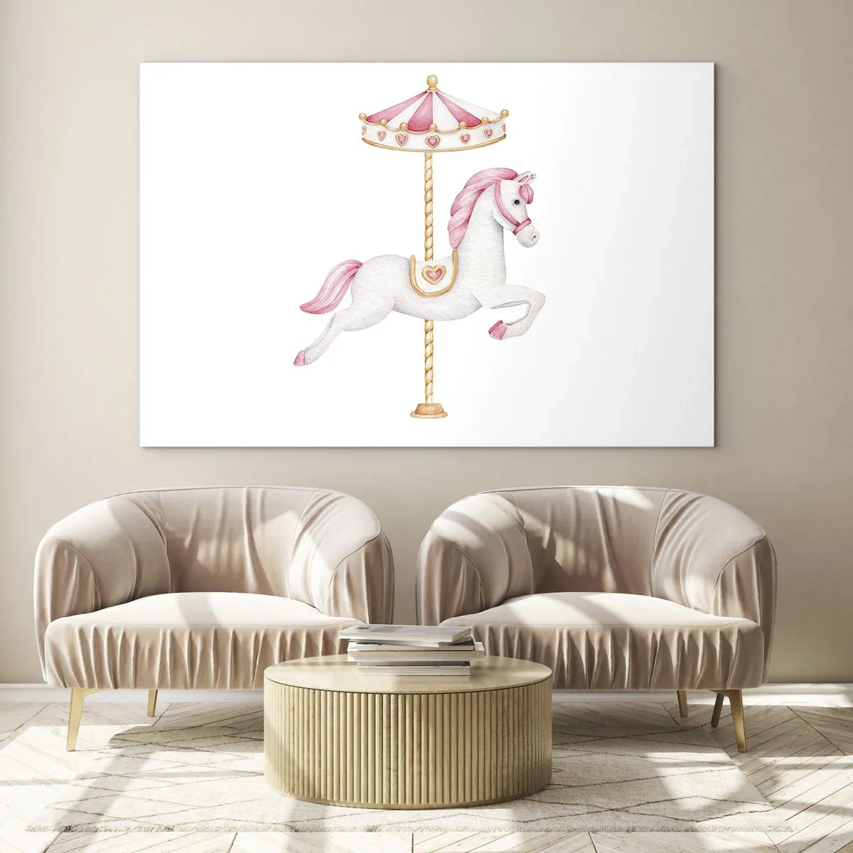 Impression sur verre - Image sur verre - Cheval de carrousel rose et blanc sur fond blanc - 100x70cm - Les sabots en avant - Décoration murale moderne pour le salon et la chambre ARTTOR
