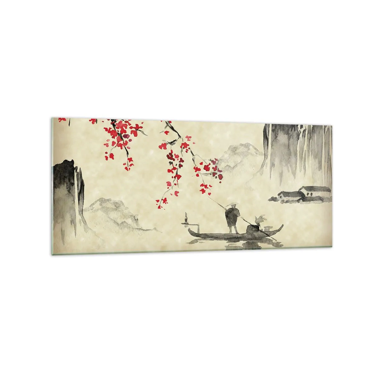 Impression sur verre - Image sur verre - Illustration orientale avec un bateau et une branche fleurie - 120x50cm - Au pays des cerisiers en fleurs - Décoration murale moderne pour le salon et la chambre ARTTOR