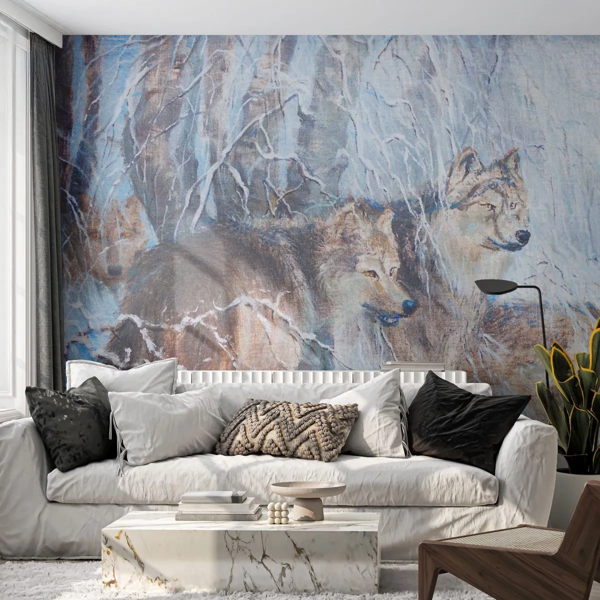 Papier Peint Photo Premium Sand - Des loups dans une forêt hivernale entourée de neige - 100x70cm - Attention! Ca arrive ... - Décoration murale moderne pour le salon et la chambre ARTTOR
