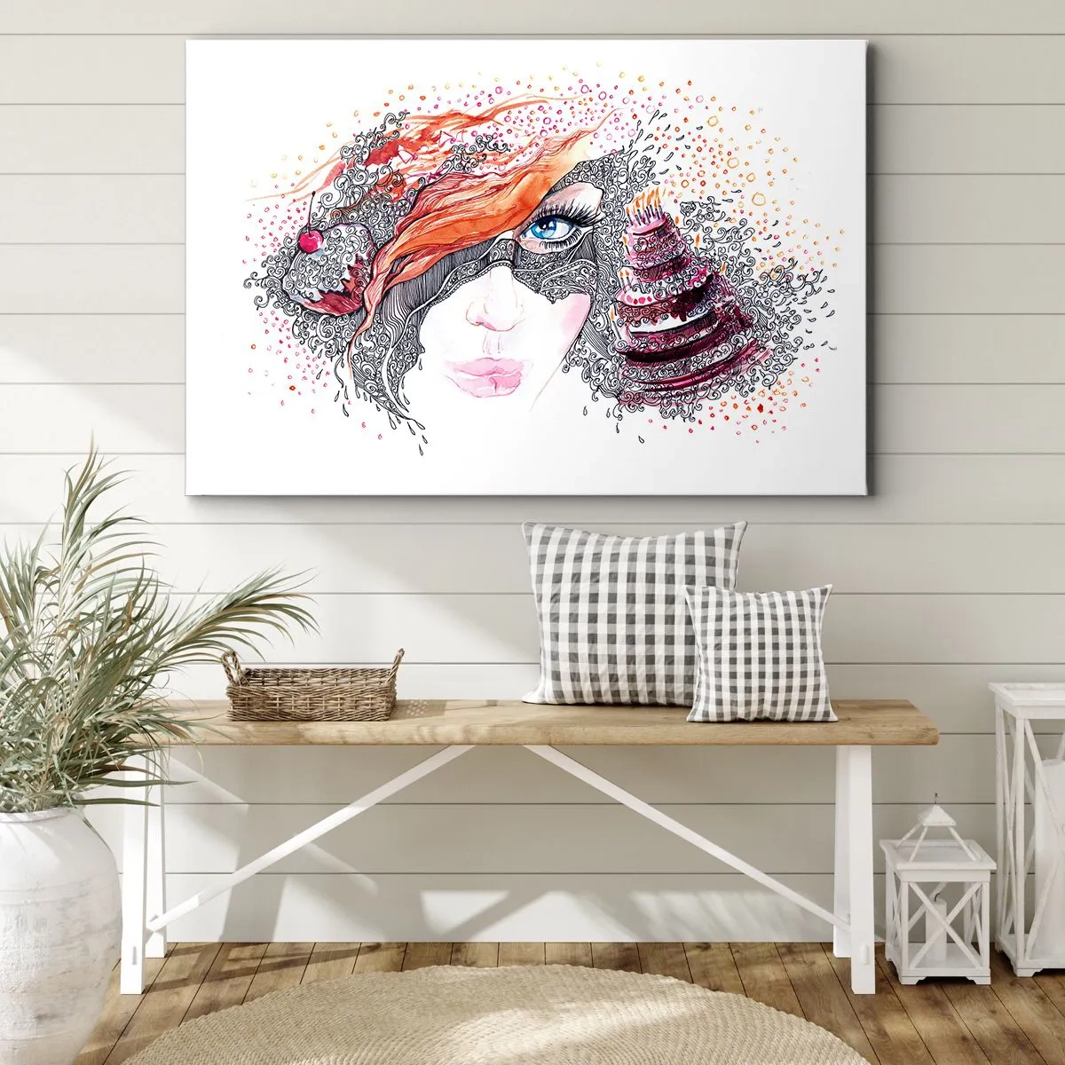 Impression sur toile - Image sur toile - Portrait artistique d'une femme avec des détails et un accent rouge - 100x70cm - Avec elle, c'est tous les jours la fête - Décoration murale moderne pour le salon et la chambre ARTTOR