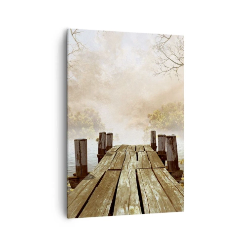 Impression sur toile - Image sur toile - Une jetée en bois menant à un lac calme dans la brume matinale - 70x100cm - La douce tristesse de l'automne - Décoration murale moderne pour le salon et la chambre ARTTOR