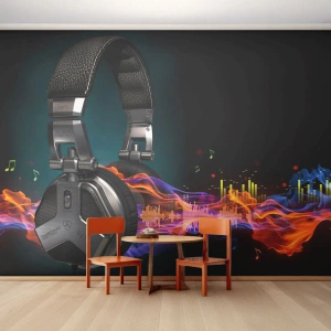 Papier Peint Photo Premium Sand - Casque DJ avec visualisation sonore et flammes - 100x70cm - Dans le feu de la musique - Décoration murale moderne pour le salon et la chambre ARTTOR