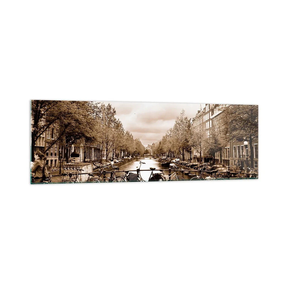 Impression sur verre - Image sur verre - Pont cyclable sur le canal en sépia - 160x50cm - Ambiance hollandaise - Décoration murale moderne pour le salon et la chambre ARTTOR