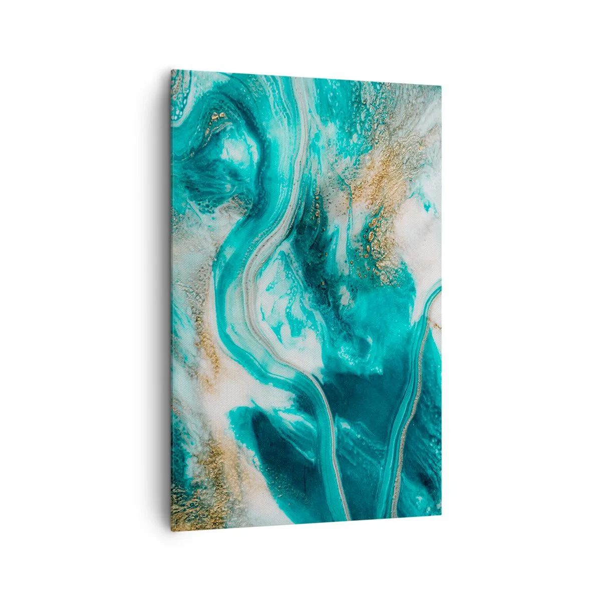 Impression sur toile - Image sur toile - Abstraction turquoise avec des accents blancs et dorés - 80x120cm - Rivière d'or - Décoration murale moderne pour le salon et la chambre ARTTOR