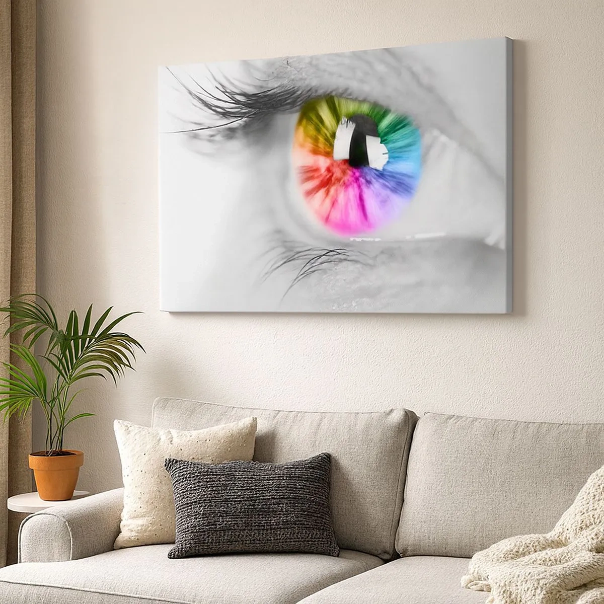 Impression sur toile - Image sur toile - Prise de vue artistique d'un œil avec un iris arc-en-ciel sur fond gris - 70x50cm - Regarde le monde en couleur - Décoration murale moderne pour le salon et la chambre ARTTOR