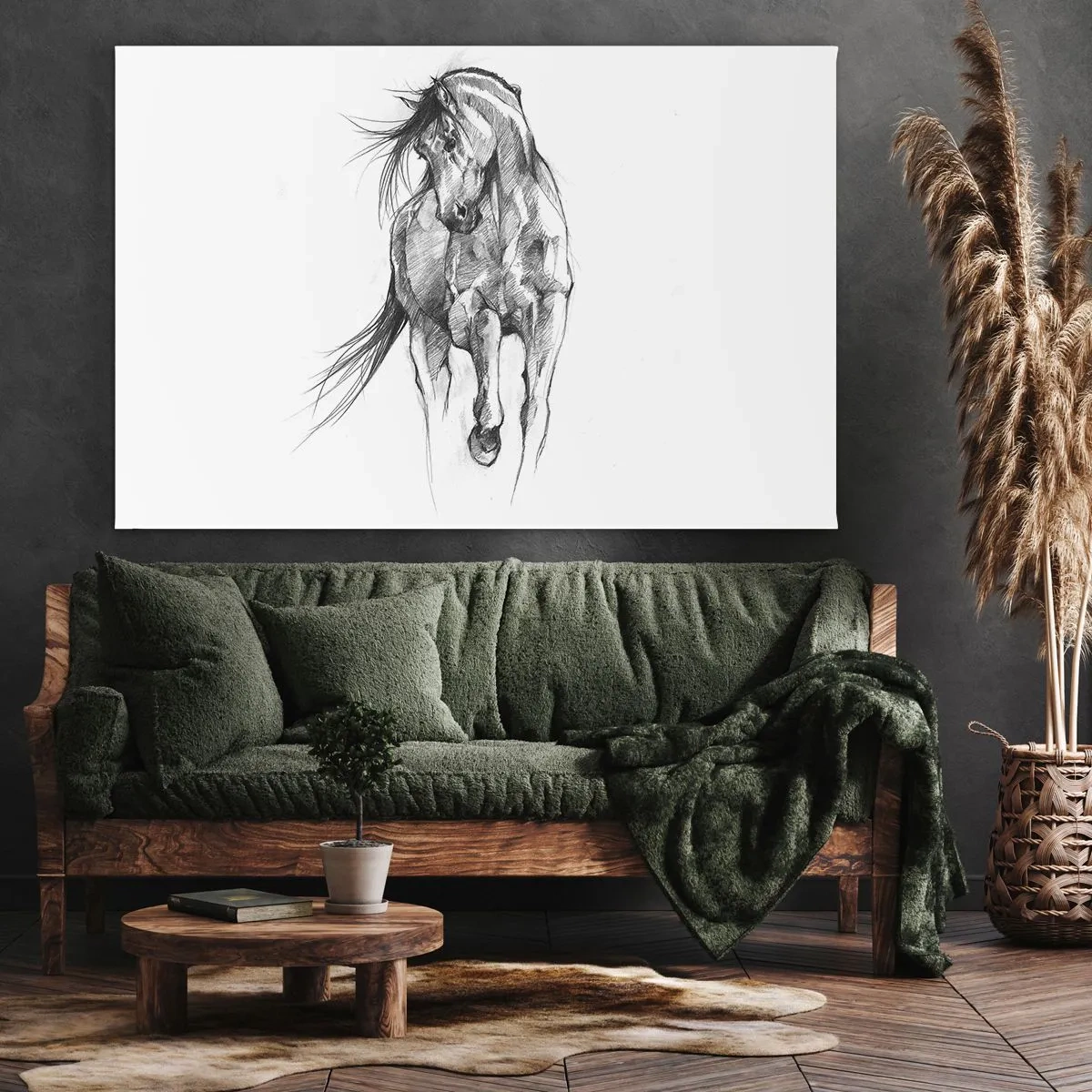 Impression sur toile - Image sur toile - Croquis en noir et blanc d'un cheval au galop - 70x50cm - D'un trot gracieux - Décoration murale moderne pour le salon et la chambre ARTTOR