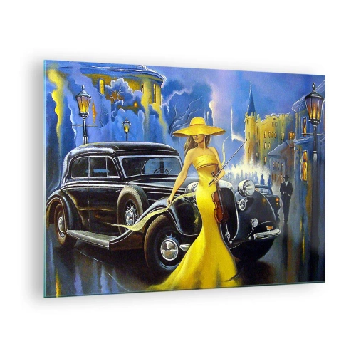 Impression sur verre - Image sur verre - Une femme en robe jaune à côté d'une voiture ancienne - 70x50cm - Nocturne pour violon et amour - Décoration murale moderne pour le salon et la chambre ARTTOR