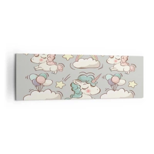 Impression sur toile - Image sur toile - Licornes mignonnes sur fond pastel - 160x50cm - Ils existe, c'est sûr… - Décoration murale moderne pour le salon et la chambre ARTTOR
