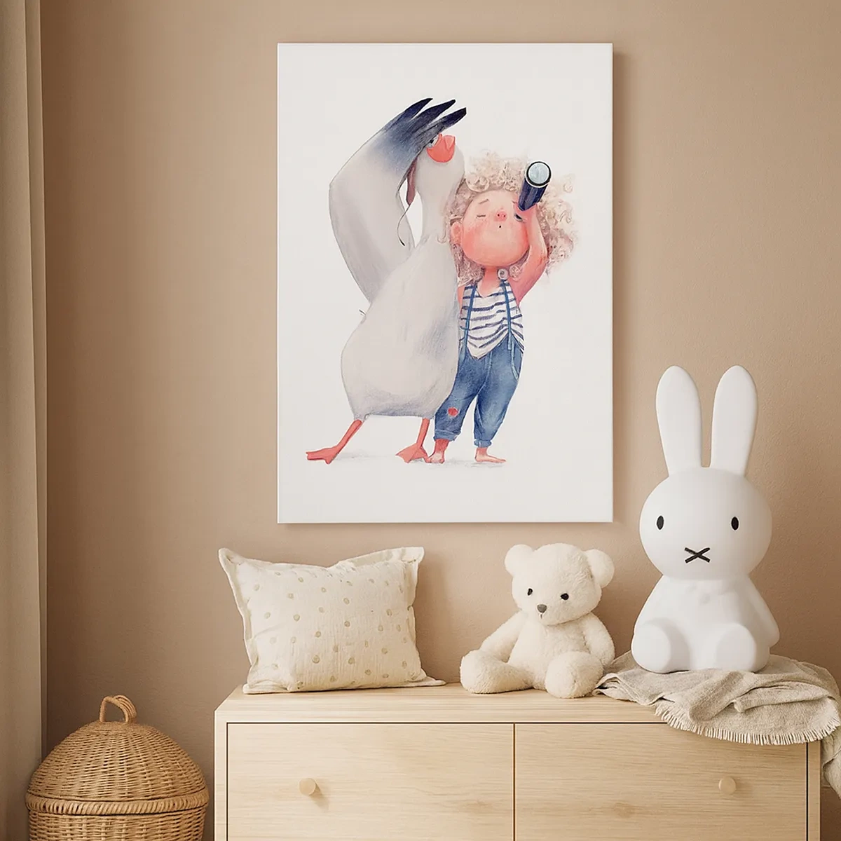 Impression sur toile - Image sur toile - Illustration d'un enfant avec un pélican et un télescope à la main - 50x70cm - Plan de grand voyage - Décoration murale moderne pour le salon et la chambre ARTTOR