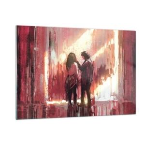 Impression sur verre - Image sur verre - Un couple dans la lumière chaleureuse d'un décor abstrait - 120x80cm - L'éternel spectacle de l'amour - Décoration murale moderne pour le salon et la chambre ARTTOR