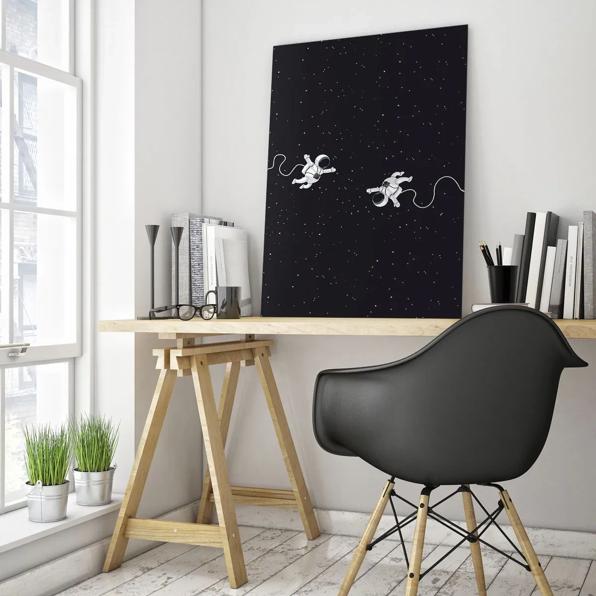 Impression sur verre - Image sur verre - Deux astronautes flottant dans l'espace - 50x70cm - Sortie cosmique - Décoration murale moderne pour le salon et la chambre ARTTOR