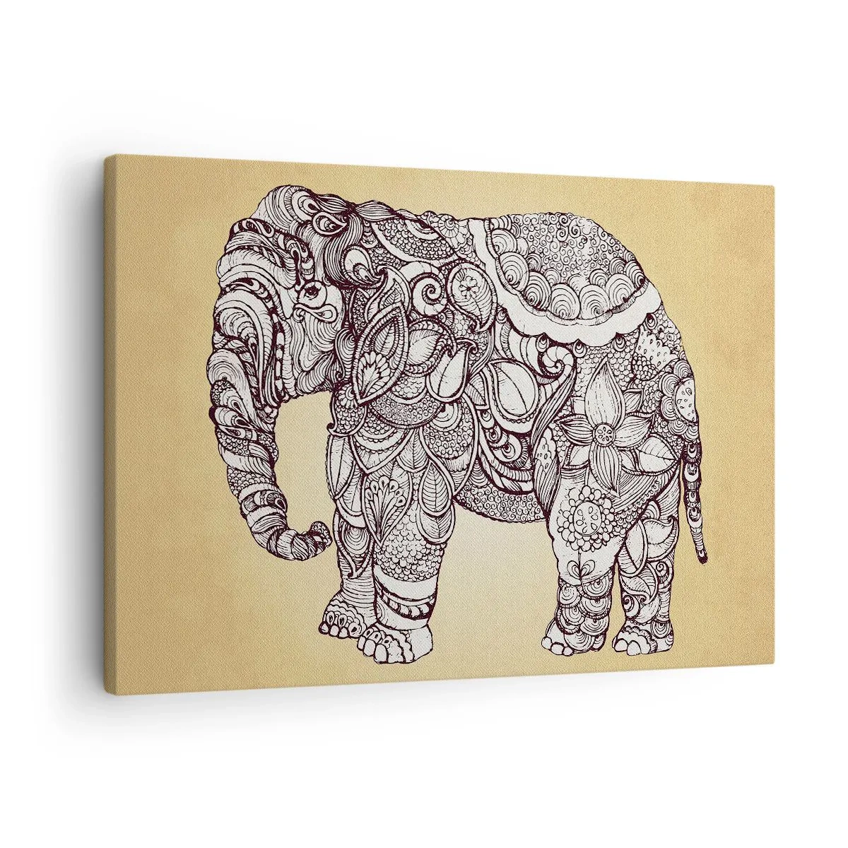 Impression sur toile - Image sur toile - Éléphant dessiné à la main avec un motif orné sur un fond beige - 70x50cm - L'éléphant s'est apprêté - Décoration murale moderne pour le salon et la chambre ARTTOR