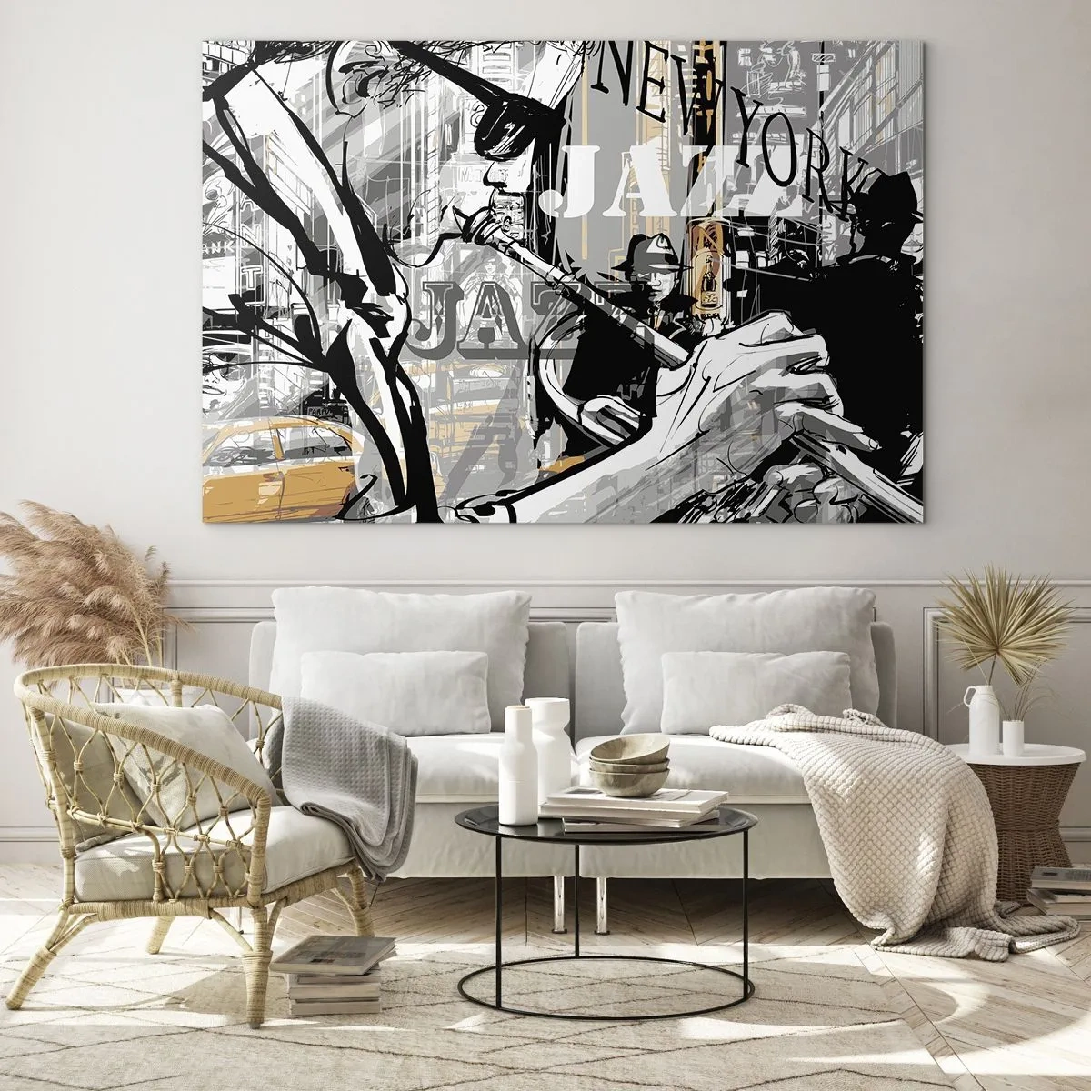 Impression sur verre - Image sur verre - Un dessin élégant d'un musicien de jazz jouant de la trompette dans un décor new-yorkais. - 100x70cm - Au rythme de New York - Décoration murale moderne pour le salon et la chambre ARTTOR