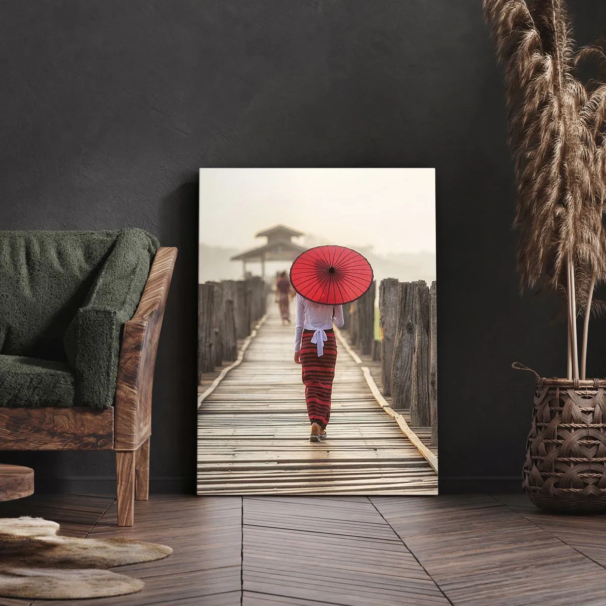 Impression sur toile - Image sur toile - Une femme avec un parapluie rouge sur un pont en bois - 80x120cm - Sur le vieux pont - Décoration murale moderne pour le salon et la chambre ARTTOR