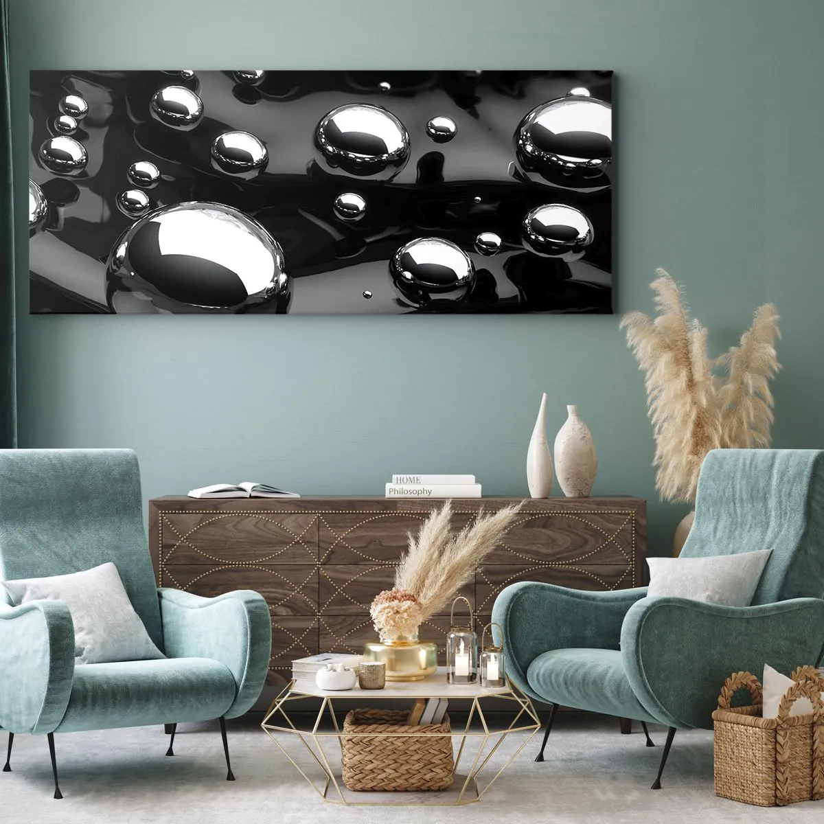 Impression sur toile - Image sur toile - Gouttes abstraites sur une surface noire - 160x50cm - D'un ton noir - Décoration murale moderne pour le salon et la chambre ARTTOR