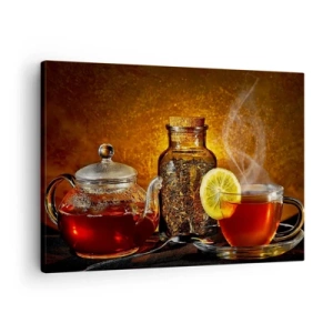 Impression sur toile - Image sur toile - Thé dans une carafe en verre avec du citron et du thé en vrac - 70x50cm - Dans le style des maîtres hollandais - Décoration murale moderne pour le salon et la chambre ARTTOR