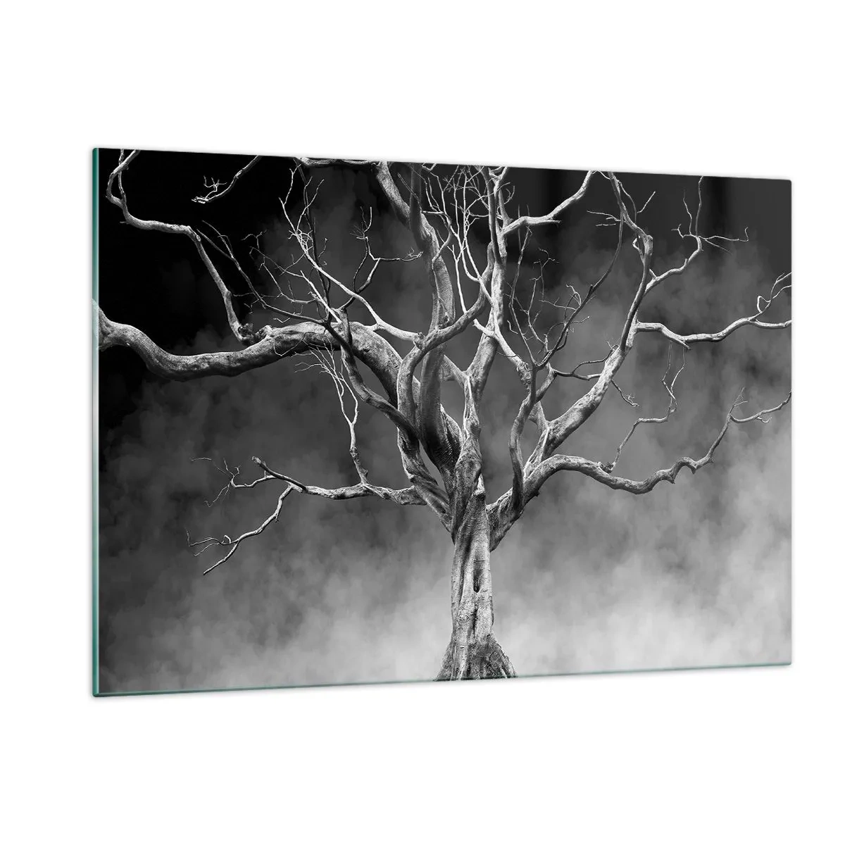 Impression sur verre - Image sur verre - Arbre noir contre le brouillard - 120x80cm - Primordial et sacré - Décoration murale moderne pour le salon et la chambre ARTTOR