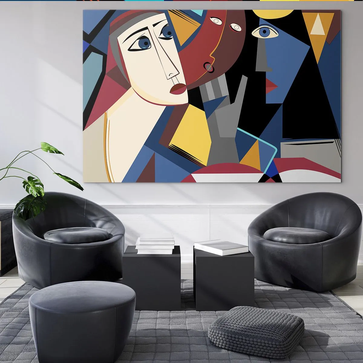 Impression sur verre - Image sur verre - Visages cubistes aux couleurs intenses - 120x80cm - Une conversation entre cubistes - Décoration murale moderne pour le salon et la chambre ARTTOR