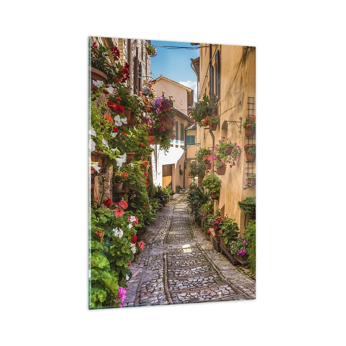 Impression sur verre - Image sur verre - Une charmante rue pleine de fleurs et de pots de fleurs - 80x120cm - Ruelle italienne - Décoration murale moderne pour le salon et la chambre ARTTOR
