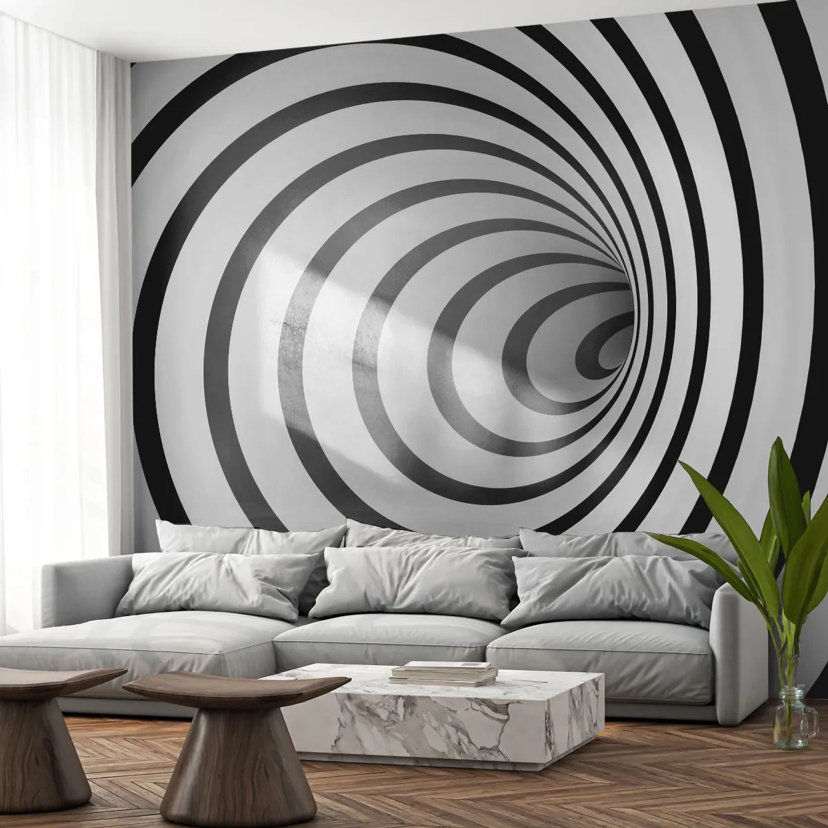 Papier Peint Photo Premium Sand - Une spirale fascinante en noir et blanc - 100x70cm - Tu ne peux pas y résister aussi ? - Décoration murale moderne pour le salon et la chambre ARTTOR