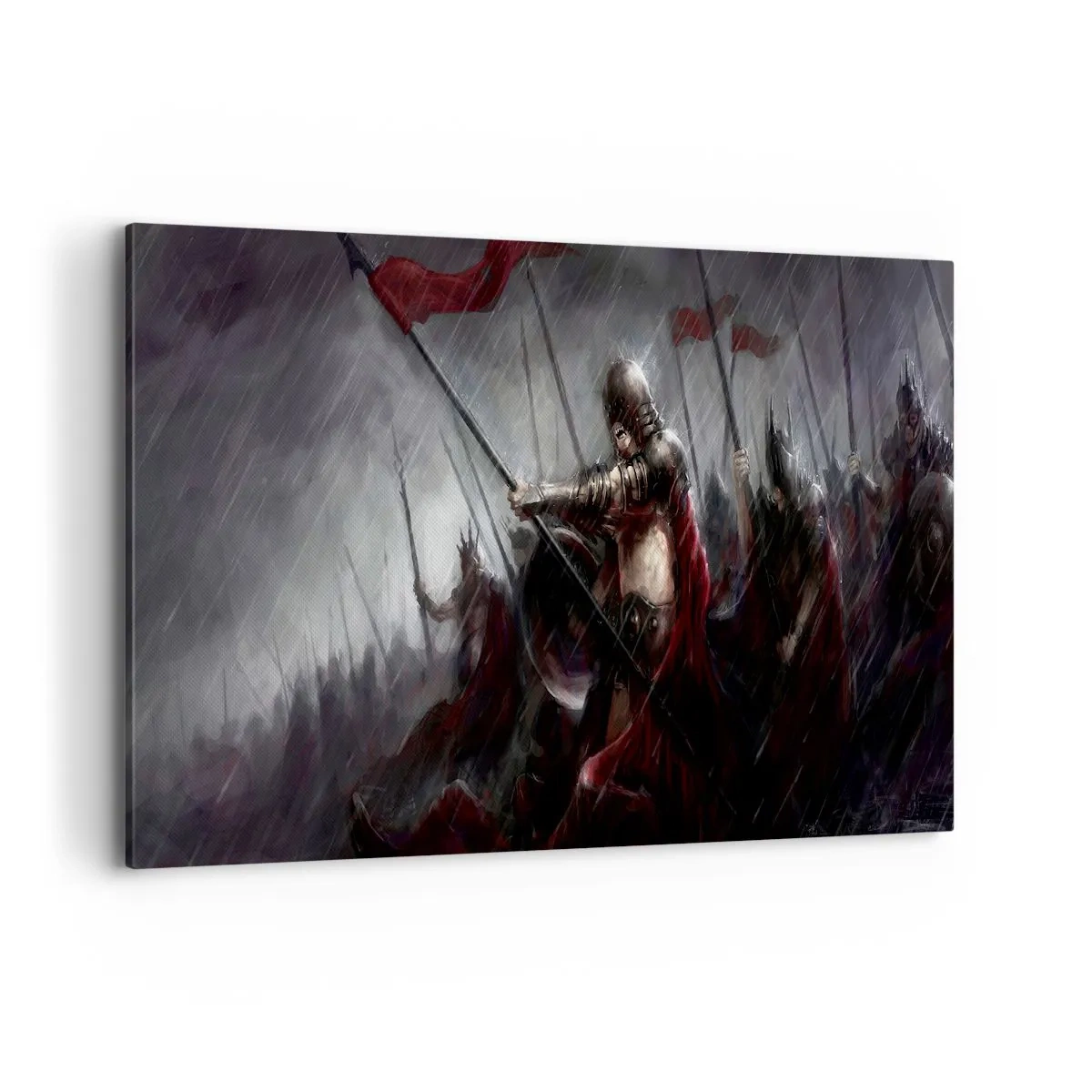 Impression sur toile - Image sur toile - Chevaliers marchant vers le champ de bataille sous la pluie - 120x80cm - Passant, dis à Sparte… - Décoration murale moderne pour le salon et la chambre ARTTOR