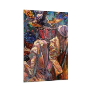 Impression sur verre - Image sur verre - Scène de jazz énergique avec musiciens et instruments - 80x120cm - Dans le même tempo - Décoration murale moderne pour le salon et la chambre ARTTOR